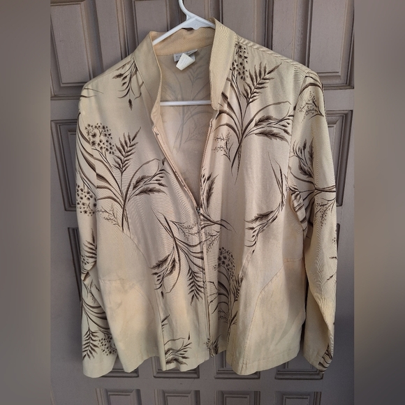 Classic Caribe Floral Beige Women's Jacket SzM Zip Front Pockets Rayon Blend - Picture 1 of 11